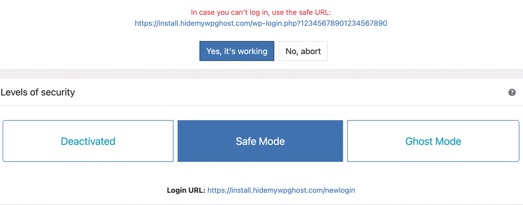 WP Ghost Safe URL setting that temporarily disables path security for emergency access