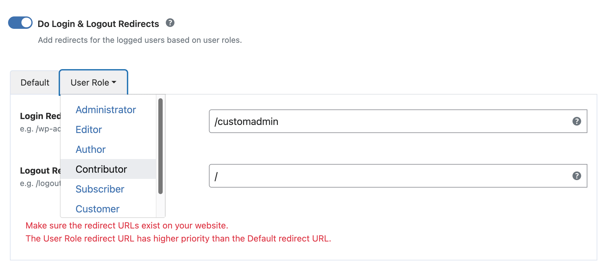 WP Ghost login and logout redirect settings showing Default and User Role tabs