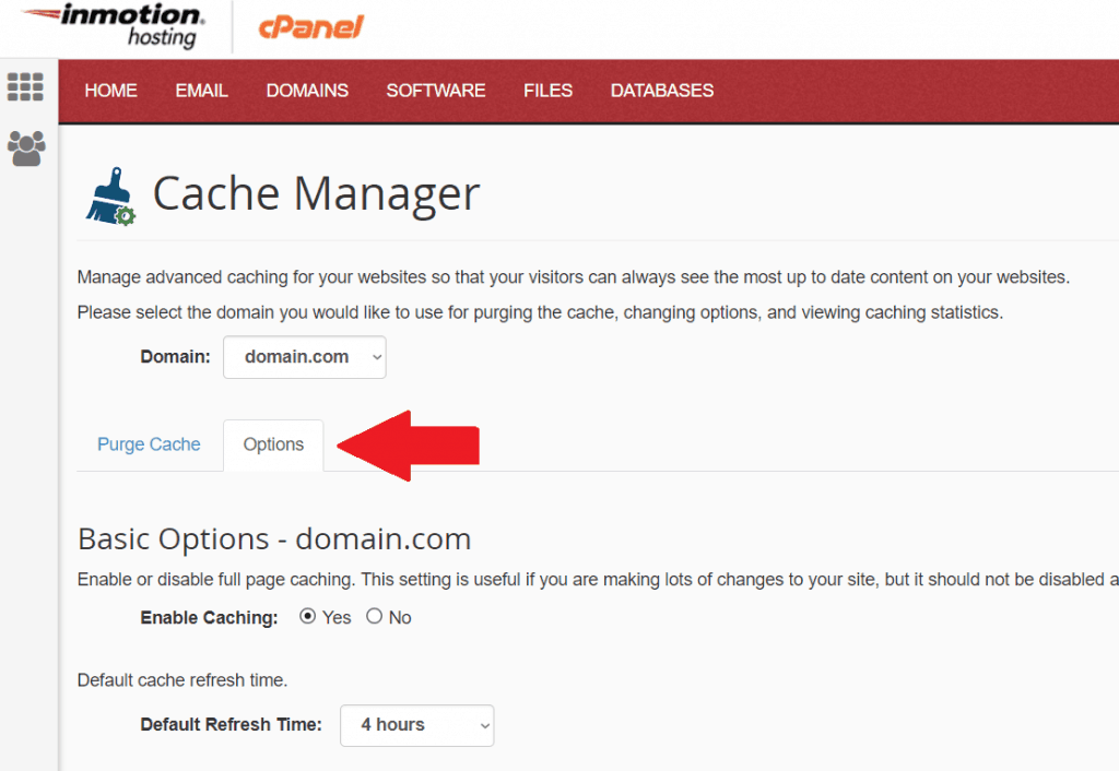 InMotion cPanel Cache Manager Options button