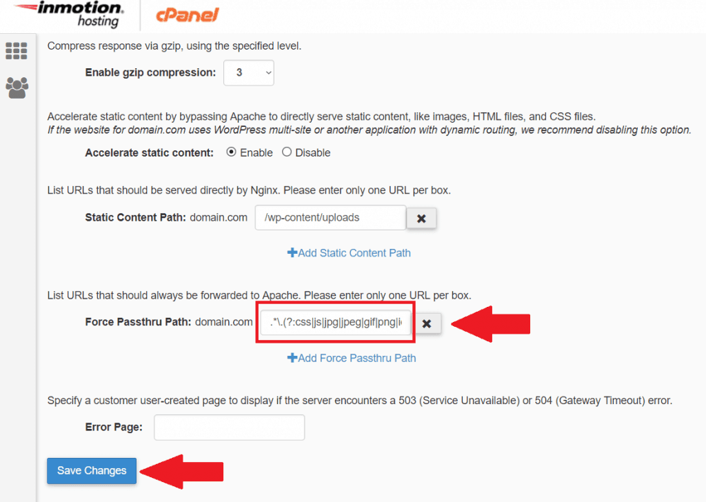 InMotion Cache Manager Force Passthru Path configured with static file regex