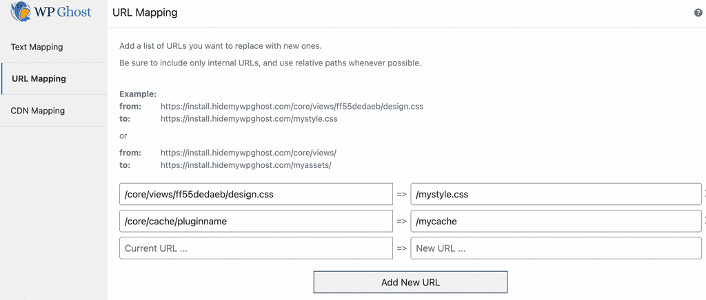WP Ghost URL Mapping showing WordPress path replacements like /cache/pluginname to /mycache