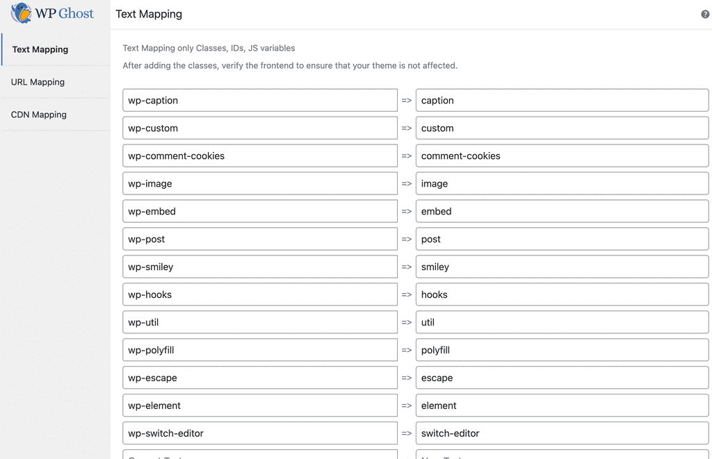 WP Ghost Text Mapping showing WordPress name replacements like wp-caption to caption