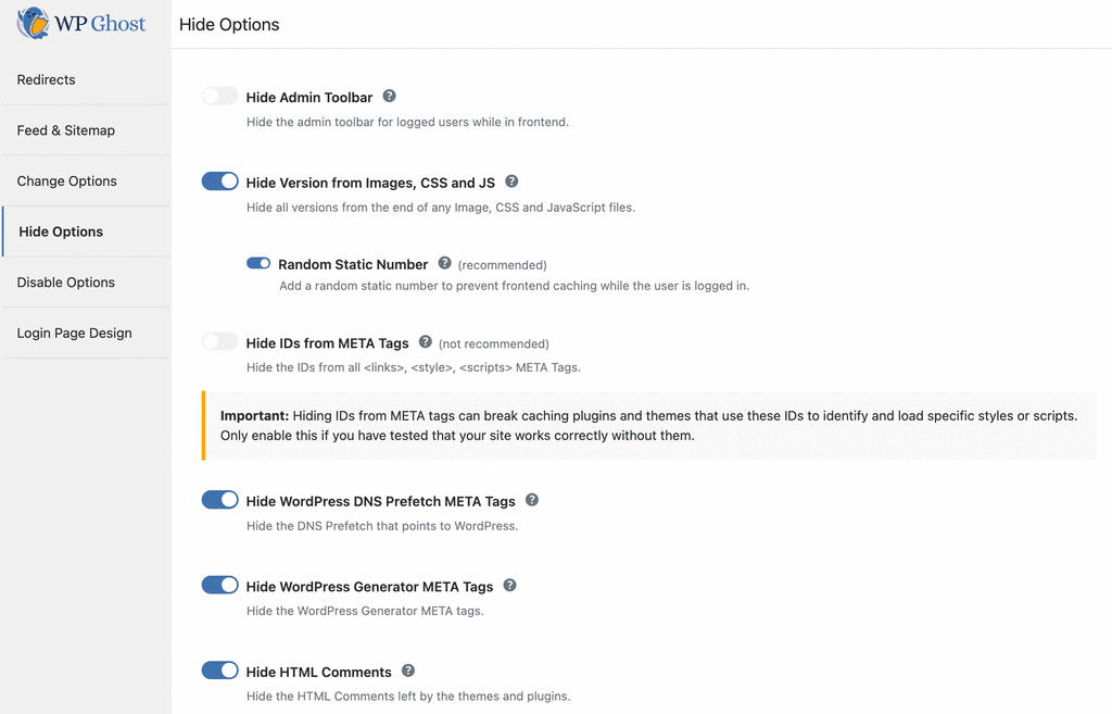 WP Ghost Tweaks panel showing security options to remove WordPress fingerprints from source code