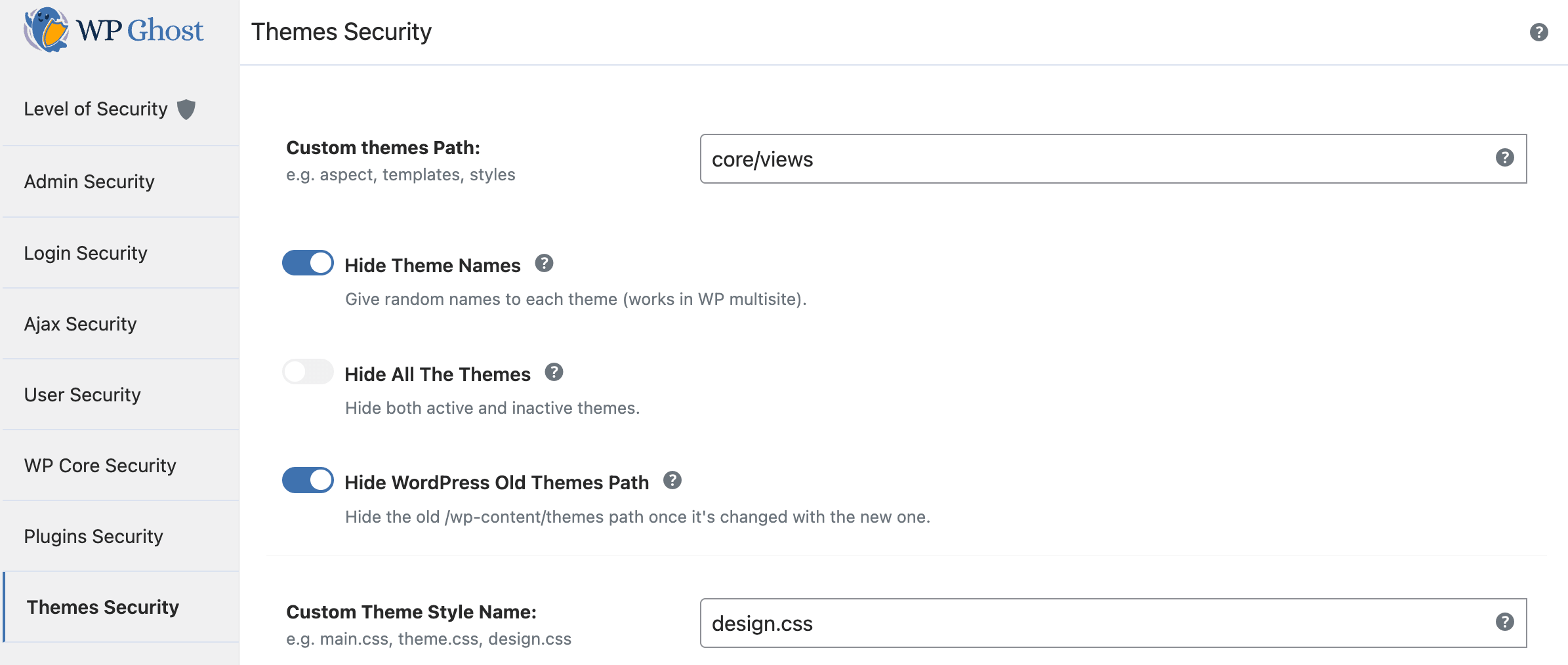 WP Ghost custom themes path setting showing wp-content/themes changed to views
