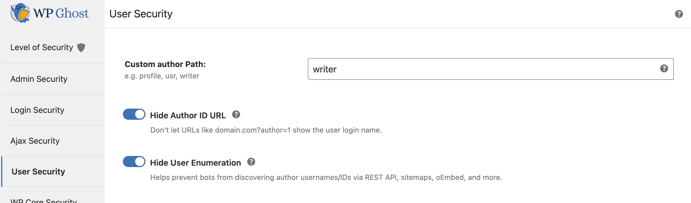 WP Ghost User Security panel showing the custom author path field