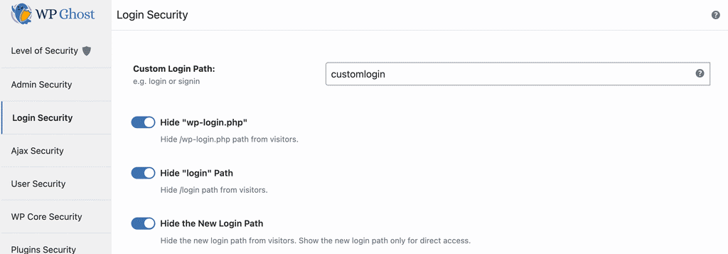 WP Ghost Login Security panel showing the custom login path field