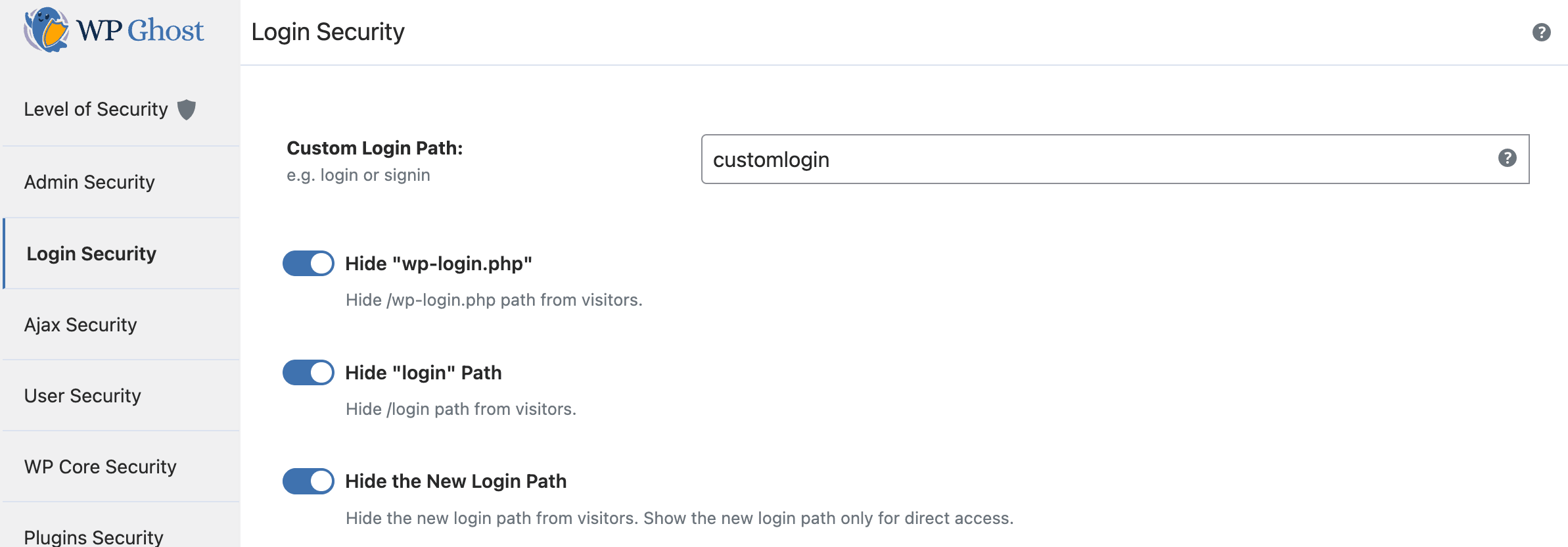 WP Ghost Login Security panel showing the custom login path field