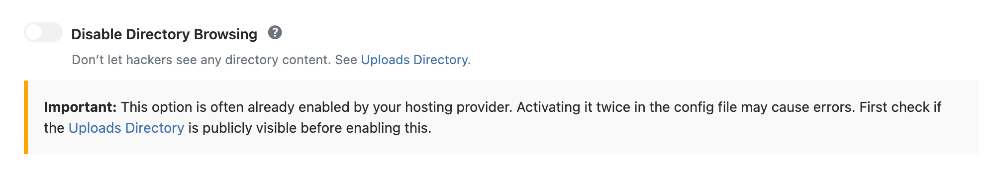 WP Ghost Disable Directory Browsing toggle in WP Core Security settings