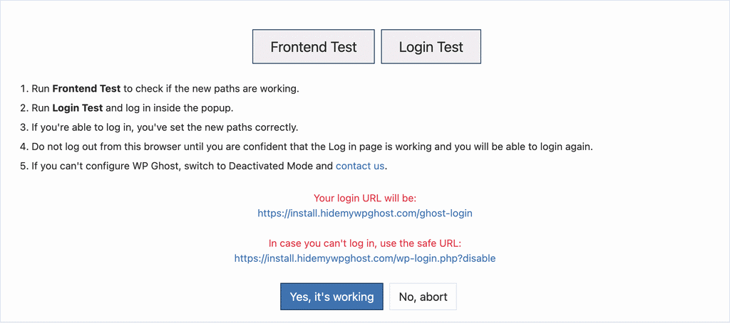 Click the Frontend Login Test to verify your new login path loads correctly.
