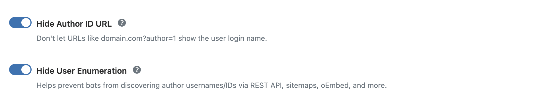 WP Ghost Hide Author ID URL toggle to prevent username enumeration