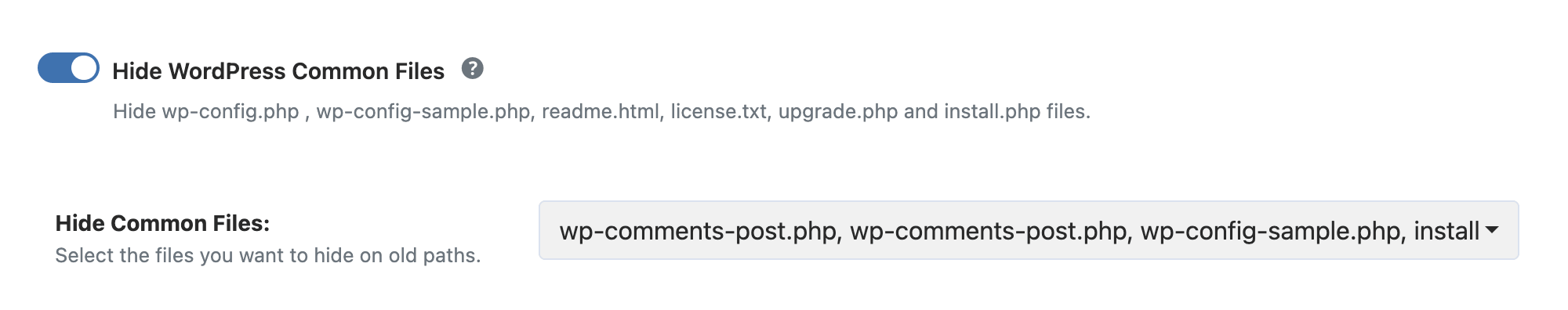 WP Ghost Hide WordPress Common Files option enabled to block access to readme.html, wp-config.php, and license files