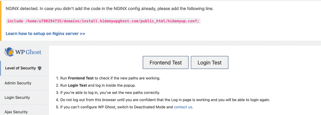WP Ghost Nginx configuration notification showing the hidemywp.conf file path for WPMUDEV setup