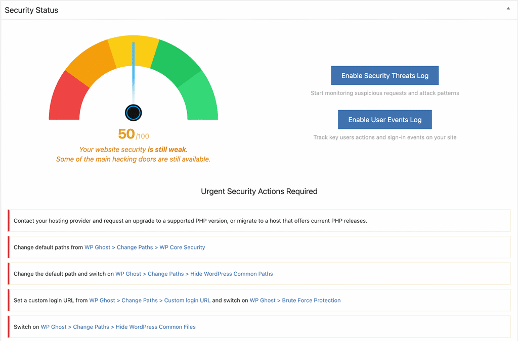 WP Ghost Overview dashboard showing security score and recommended actions