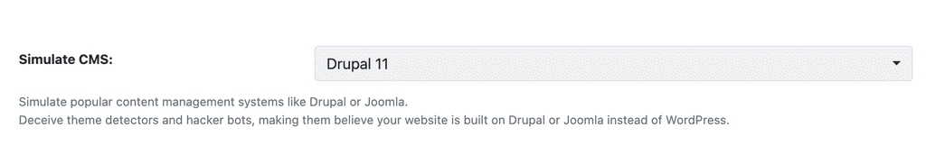 WP Ghost CMS Simulator dropdown showing Drupal and Joomla version options