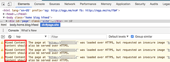 Mixed content errors displayed in browser console
