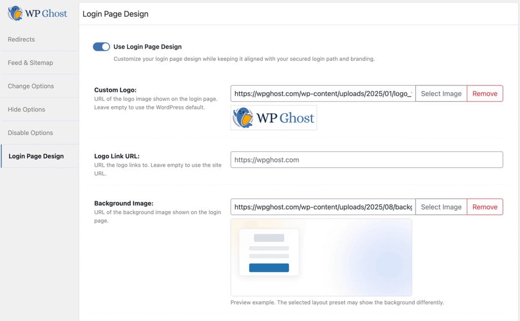 WP Ghost includes a built-in login page designer that lets you customize the appearance of your WordPress login page.