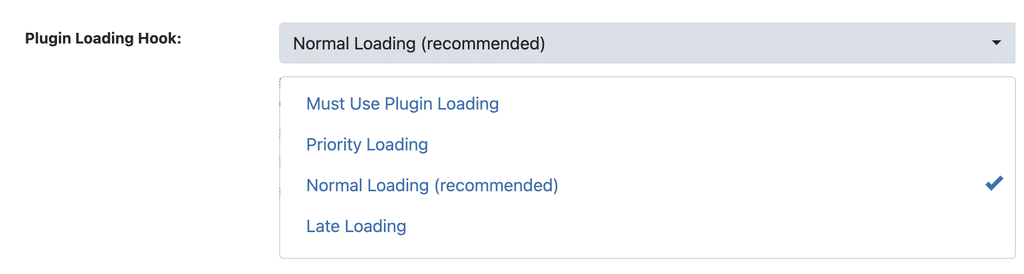 WP Ghost Plugin Loading Hook dropdown showing Must Use, Priority, Normal, and Late Loading options