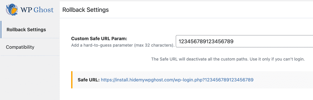 WP Ghost Rollback Settings showing the Custom Safe URL Param field for recovery access