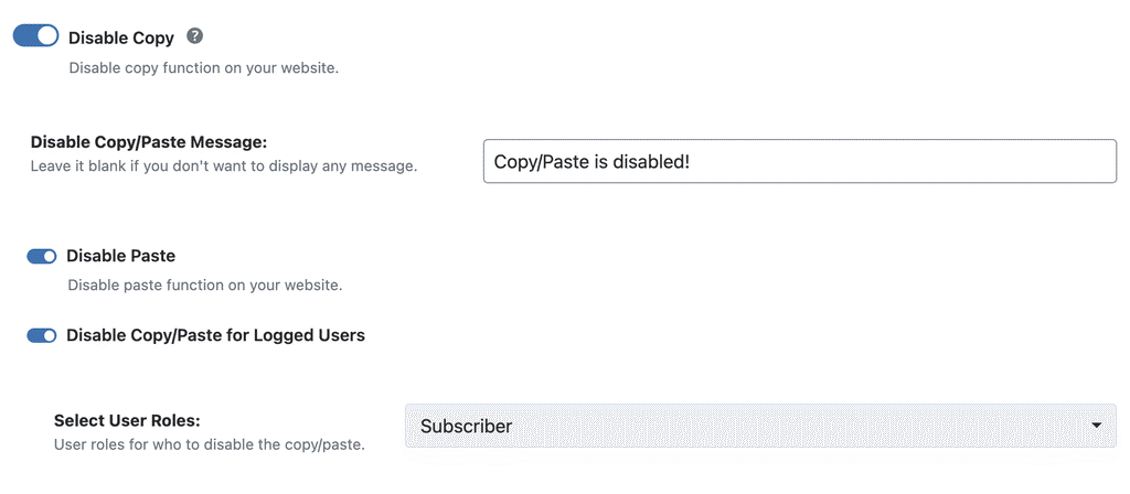 WP Ghost Disable Copy and Disable Paste toggles for content protection