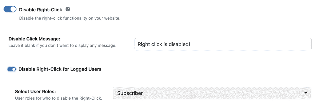 WP Ghost Disable Right-Click toggle with custom warning message field