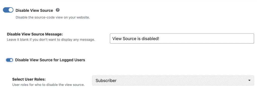WP Ghost Disable View Source toggle with custom warning message field