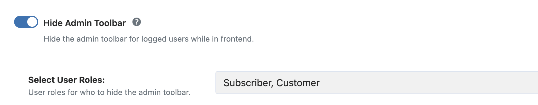 WP Ghost Hide Admin Toolbar toggle with user role selection dropdown