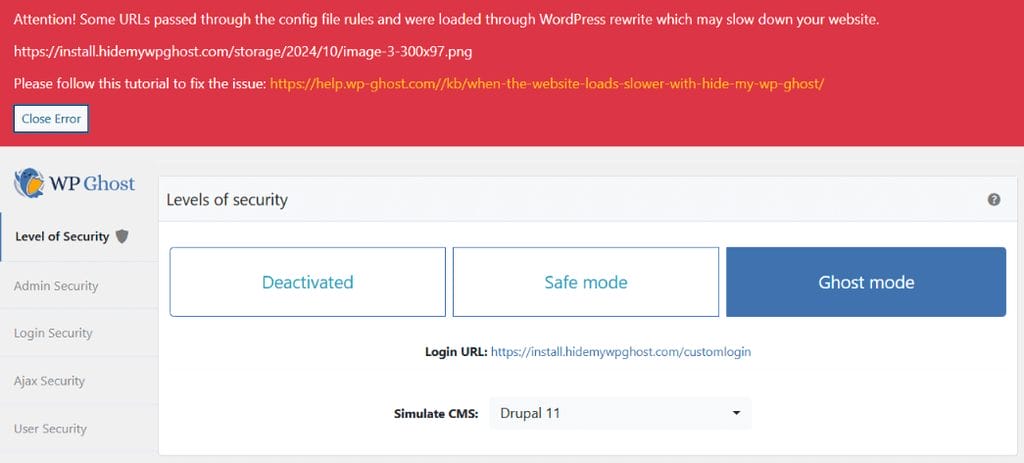 WP Ghost notification warning that rewrite rules are not loading through the server config file