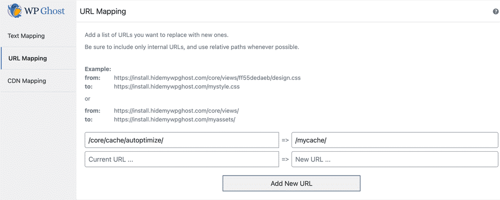 WP Ghost URL Mapping settings to change the Autoptimize cache directory path