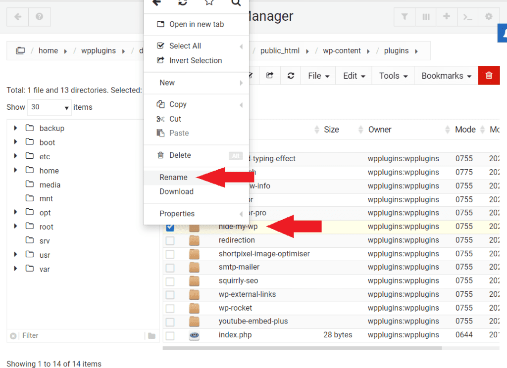 Renaming the hide-my-wp plugin folder via sFTP to disable WP Ghost in an emergency