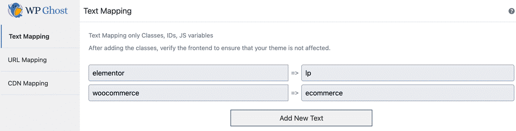 WP Ghost Text Mapping showing woocommerce replaced with ecommerce and elementor replaced with landingpage