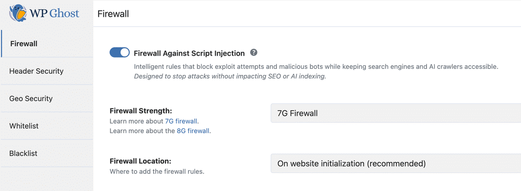 WP Ghost Firewall settings panel with 7G Firewall selected from the Firewall Strength dropdown