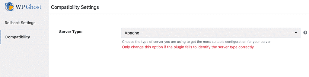 WP Ghost server type set to Apache for Plesk hosting configuration