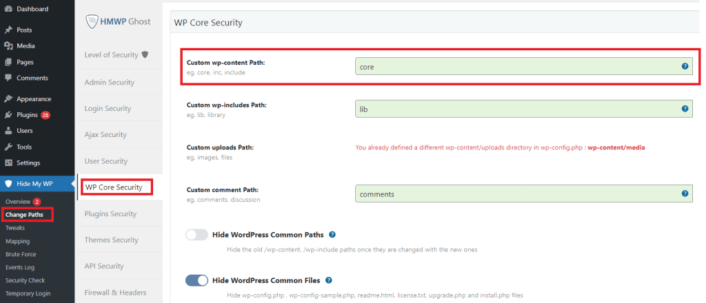 WP Ghost Custom wp-content Path field in WP Core Security settings