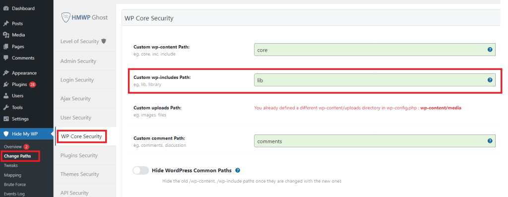 WP Ghost Custom wp-includes Path field in WP Core Security settings