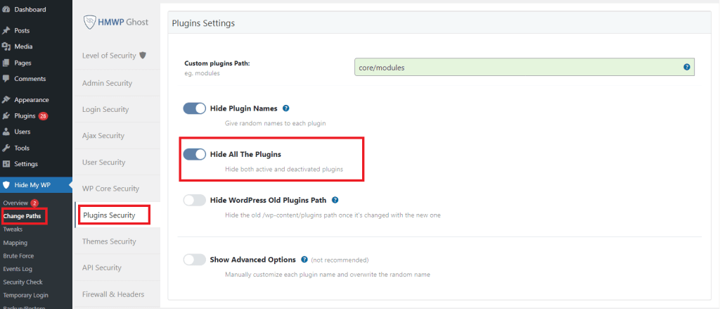 WP Ghost Hide All the Plugins toggle including deactivated plugins