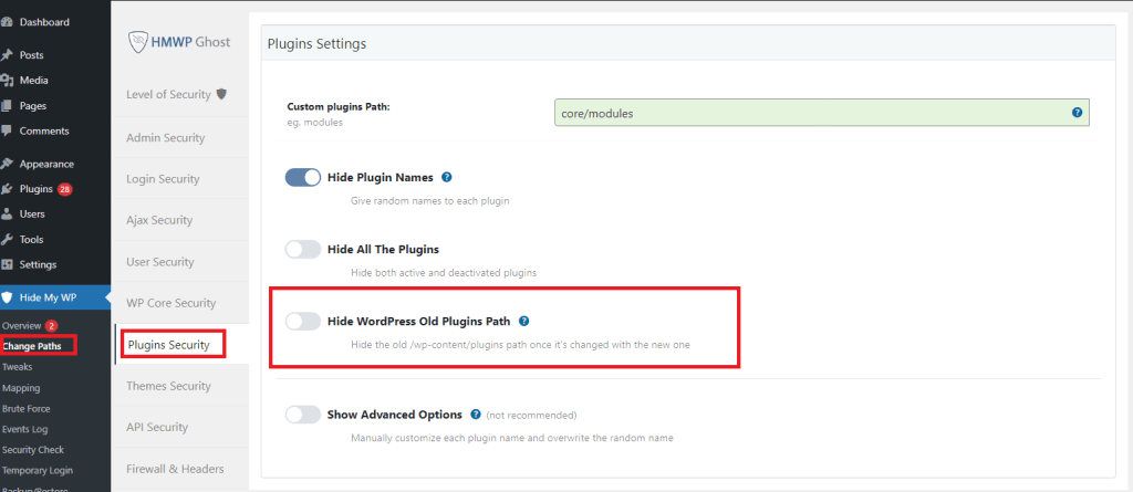 WP Ghost toggle to hide the old WordPress plugins path after changing it