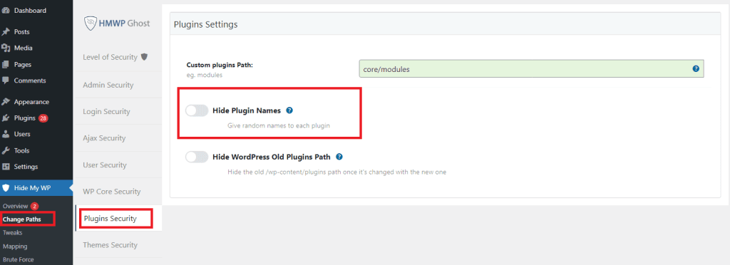 WP Ghost Hide Plugin Names toggle assigning random names to active plugins