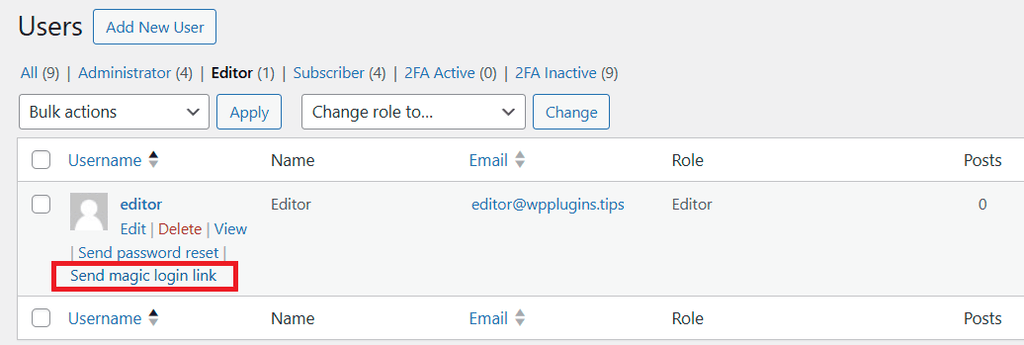 WordPress Users list showing the Send magic login link action in user row actions