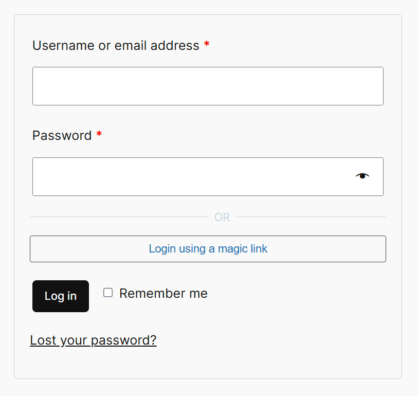 WooCommerce login page showing the magic link button alongside the standard password form