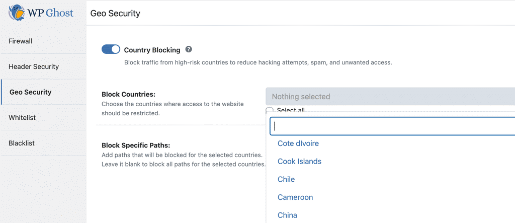 WP Ghost Firewall Geo Security panel showing Country Blocking activation and country selection