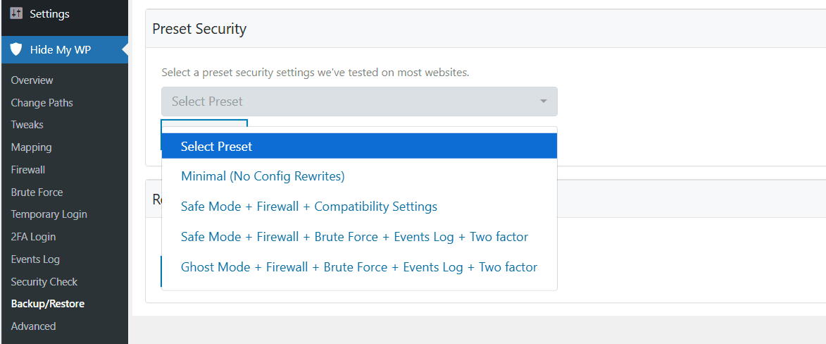 hide my wp security presets
