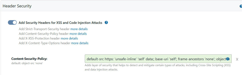 WP Ghost Content-Security-Policy field in Firewall Header Security settings