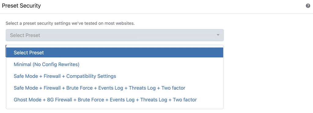 WP Ghost Preset Security Options showing the Minimal No Config Rewrites preset selected