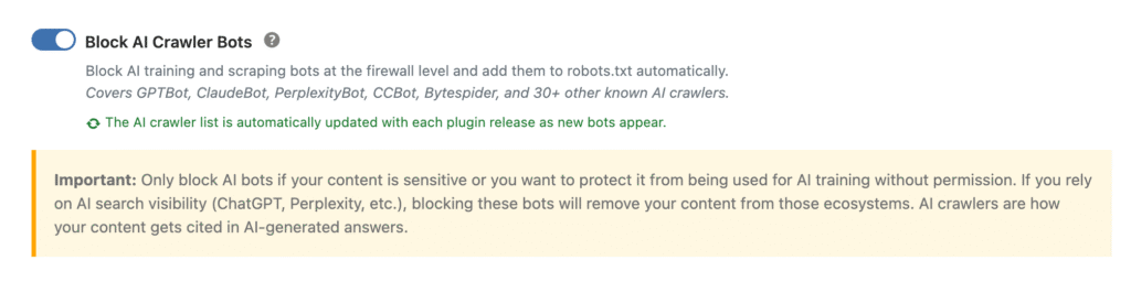 Block AI Crawler Bots setting in WP Ghost Firewall